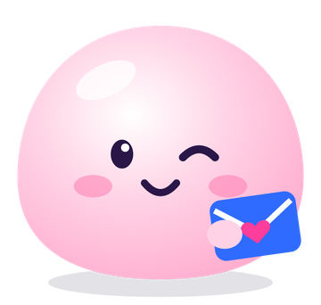 Mochi, a round pink character, winking